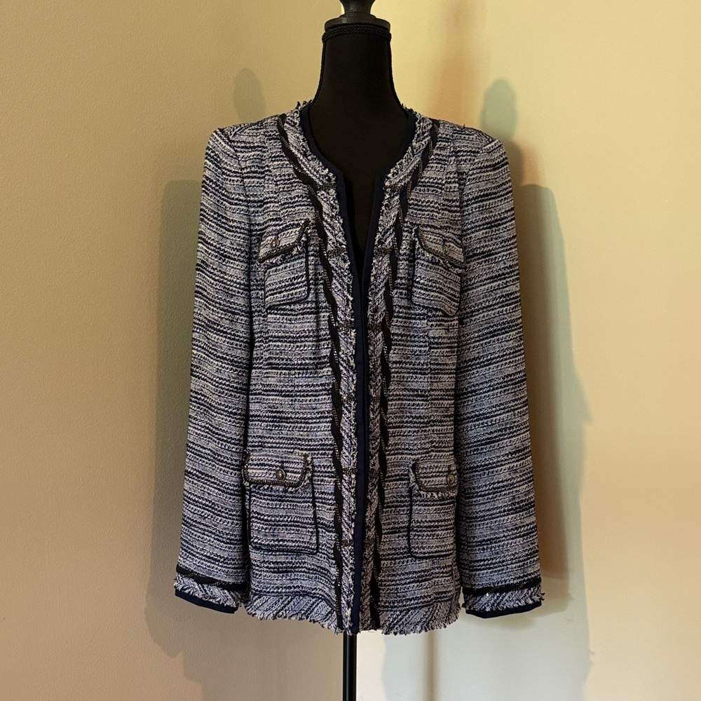 White House Black Market Navy & White Tweed Fringe Open-Front Jacket